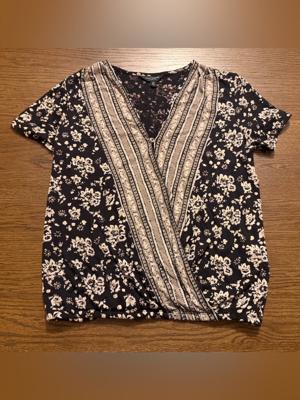 Lucky Brand Black and Cream Floral Short Sleeve Tee